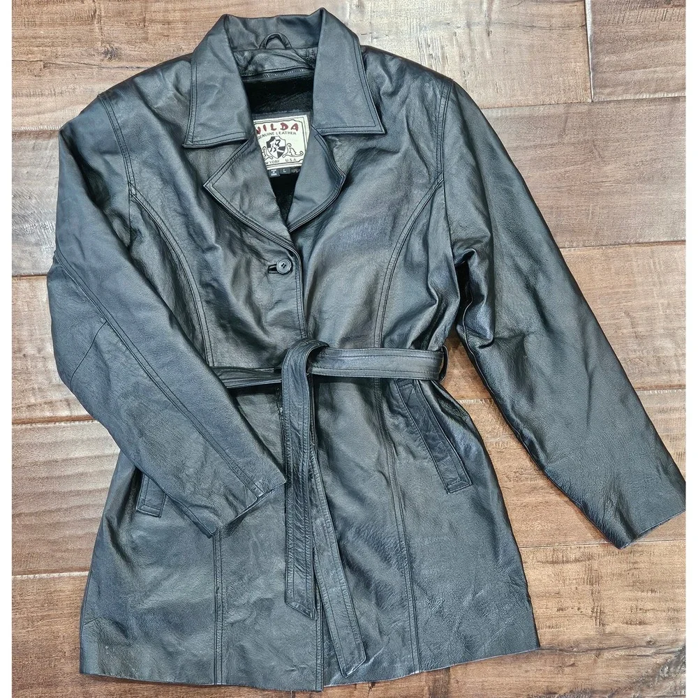 Y2K VTG Matrix Chic Leather Rock Grunge Trench Womens L Black Belted Faux Fur